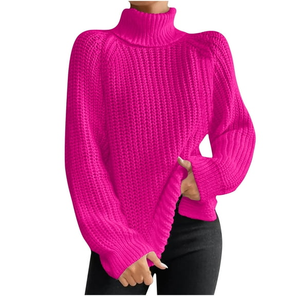 Olyvenn Womens Oversized Knit Sweaters for Commuters Puff Sleeve Long Sleeve Blouse Retro Solid Color Tees Stand Collar Turtleneck Fall Tops Slim Fitness Breathable Quick-Dry Pullover Hot Pink 4