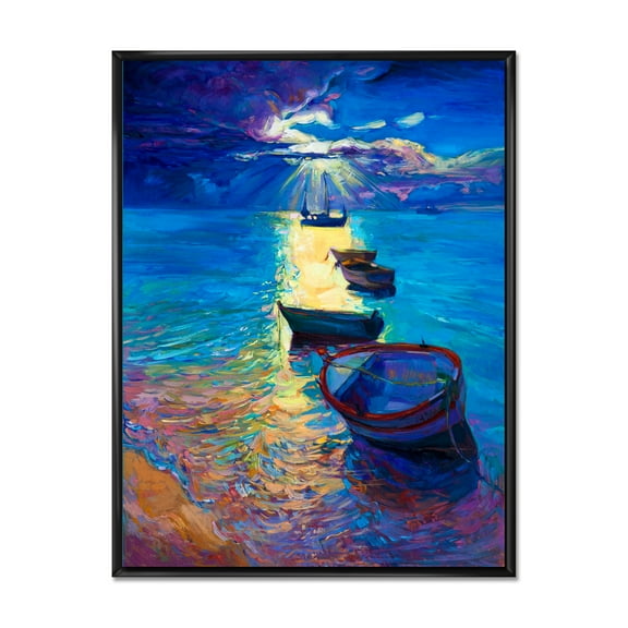 Fishing Boats On The Water With Dark Blue Sky Illustration 12 in x 20 in Framed Painting Canvas Art Print, by Designart