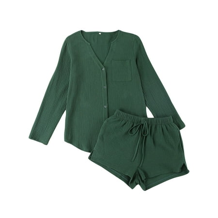 

Niuer Ladies Two Pieces Outfits Button Down Nightwear Women Loose Lounge Set Long Sleeve T-shirt Autumn Drawstring Casual Pajamas Sets Green S