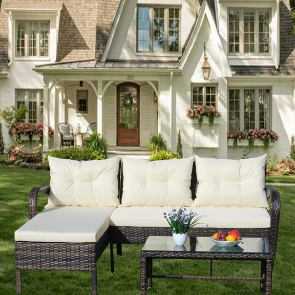 Patio Conversation Set, 3 Piece PE Rattan Wicker Sectional Sofa with Beige Cushions and Tempered Glass Coffee Table, Brown Weather Resistant Outdoor Furniture for Garden and Porch