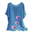 thumbnail image 2 of Mceream Summer Blouses for Women 2026 Trendy Floral Print Round Neck Raglan Sleeve Shirts Casual Cotton Linen Asymmetrical Hem Top Loose Fit Blue XXL, 2 of 5