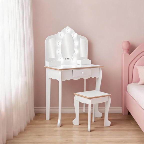 Vanity Table and Chair Set with LED Lighted Mirror, Pretend Play Makeup Desk with Storage and Stool, Ages 3-9,White