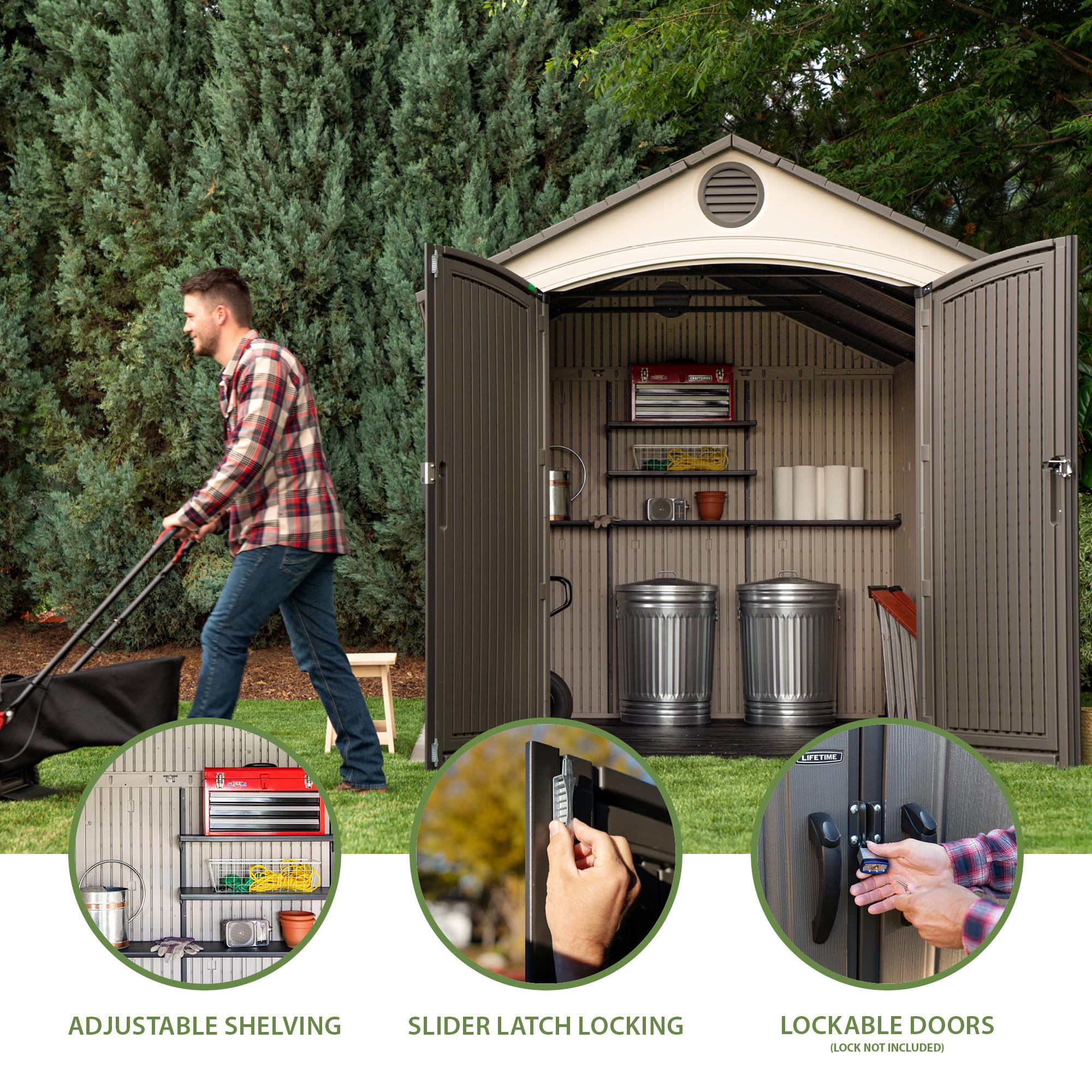 Lifetime Lockable Polyethylene Storage Shed, 90 Sq. ft., 8' x 12.5', Tan & Brown (6402)
