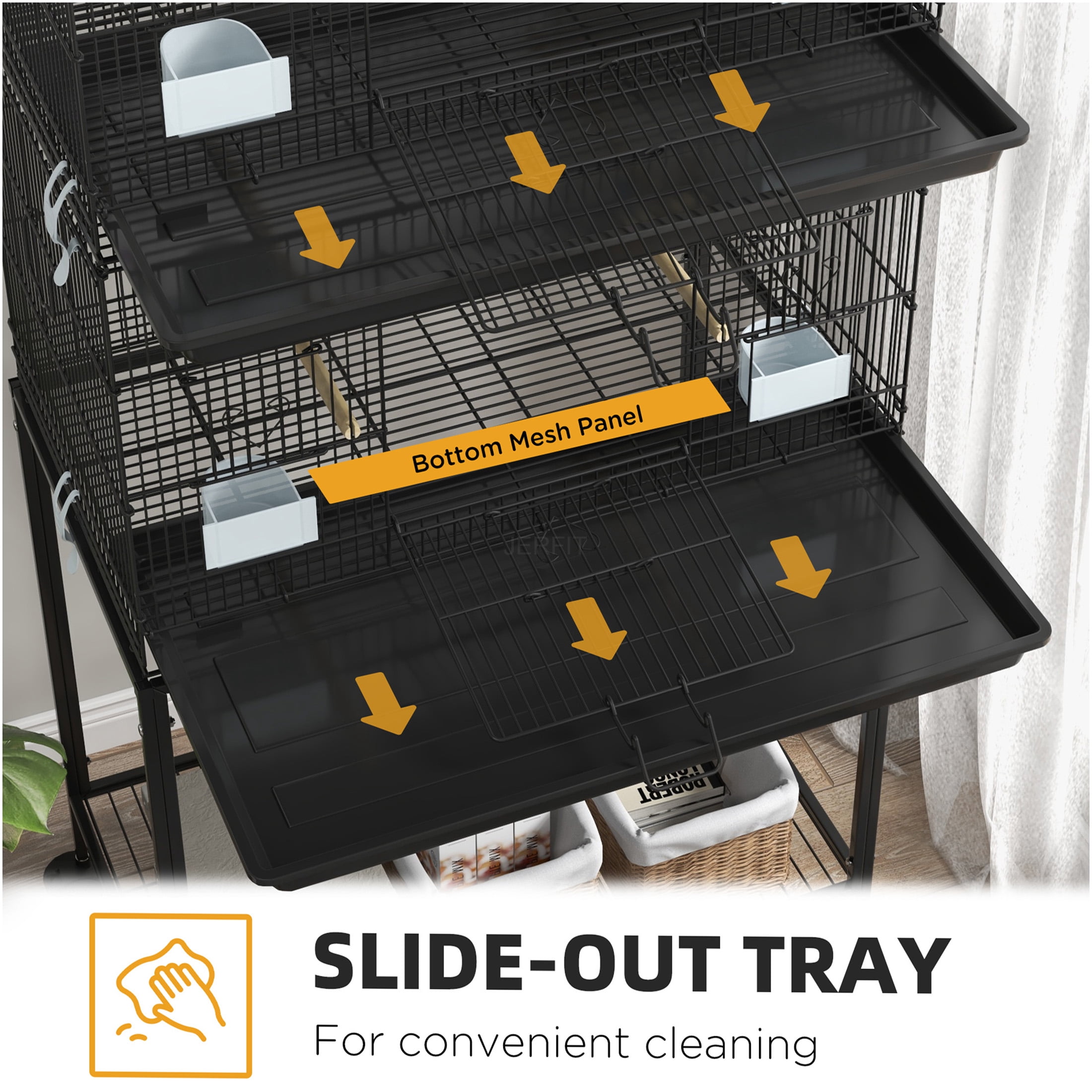JERFIT 64.5" Double Stack Bird Cage with Stand on Wheels, Black Steel Aviary for Small Birds, Finches, Budgies, Parakeets