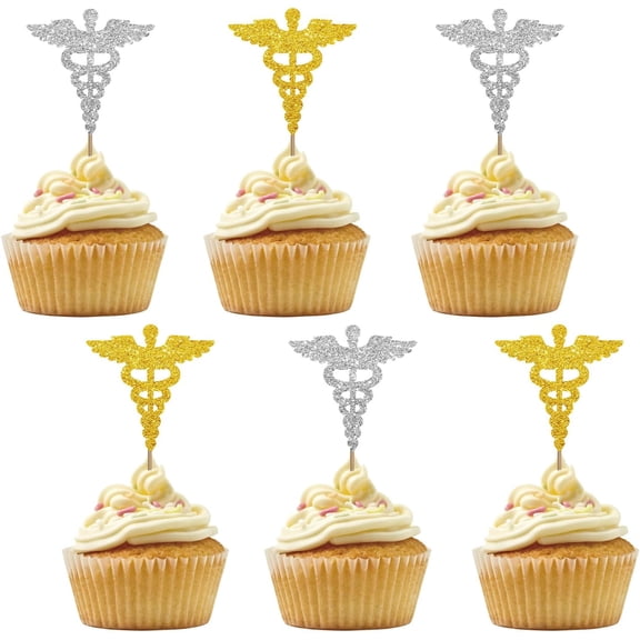 12pcs Nursing Cupcake Toppers, Silver&Gold Glitter Scepter Cupcake Picks, Nursing School Graduation Cake Decorations, Nurse Birthday/Graduation Party Favors