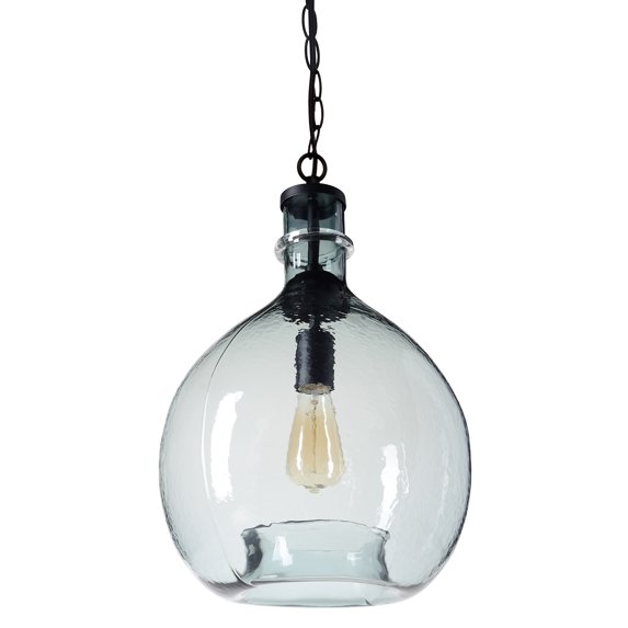 CASAMOTION Wavy Hammered Hand Blown Glass Pendant Light, Recycle Blue, 13"