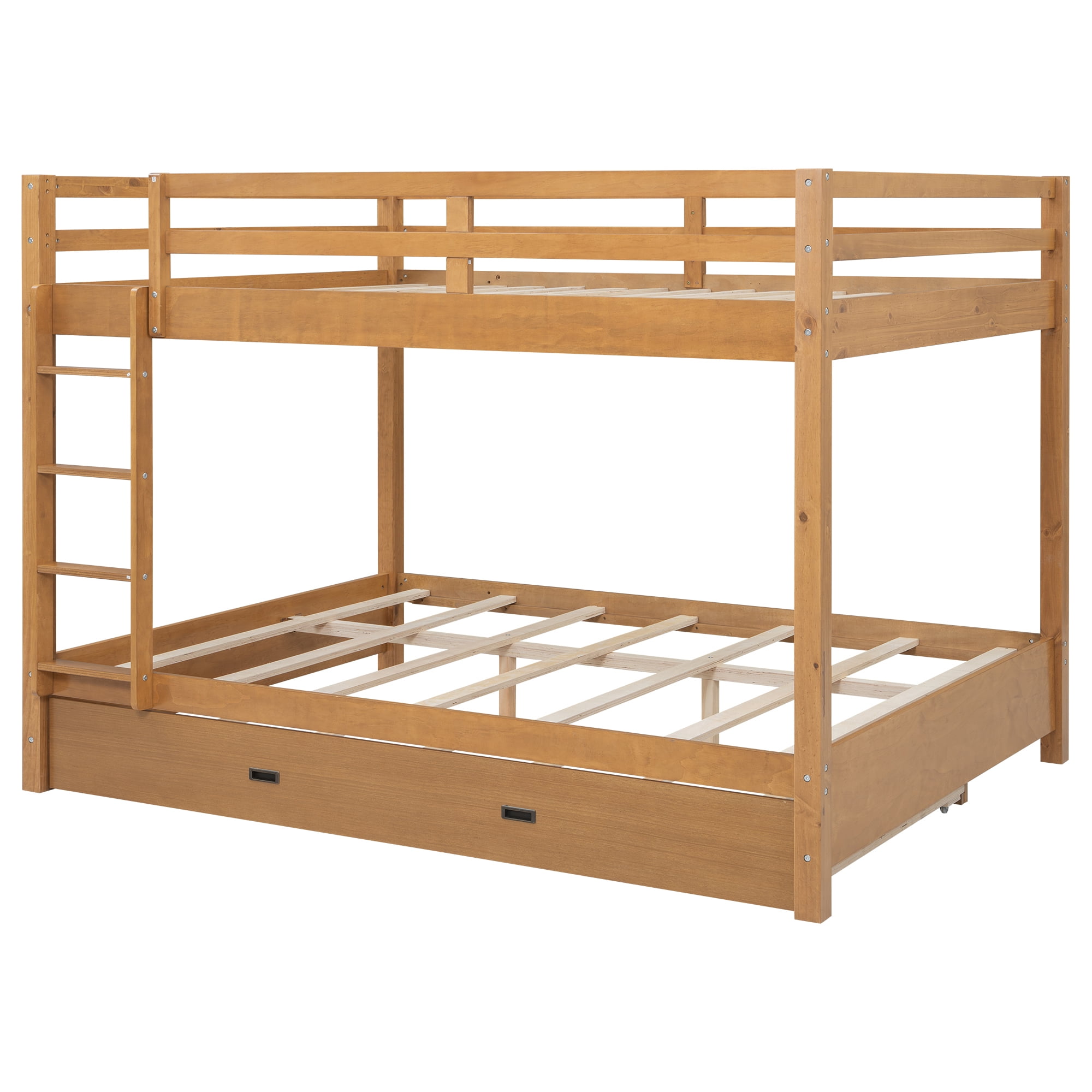 EUROCO Queen over Queen Size Bunk Bed with Trundle for Kids Teens Adults, Wood Color