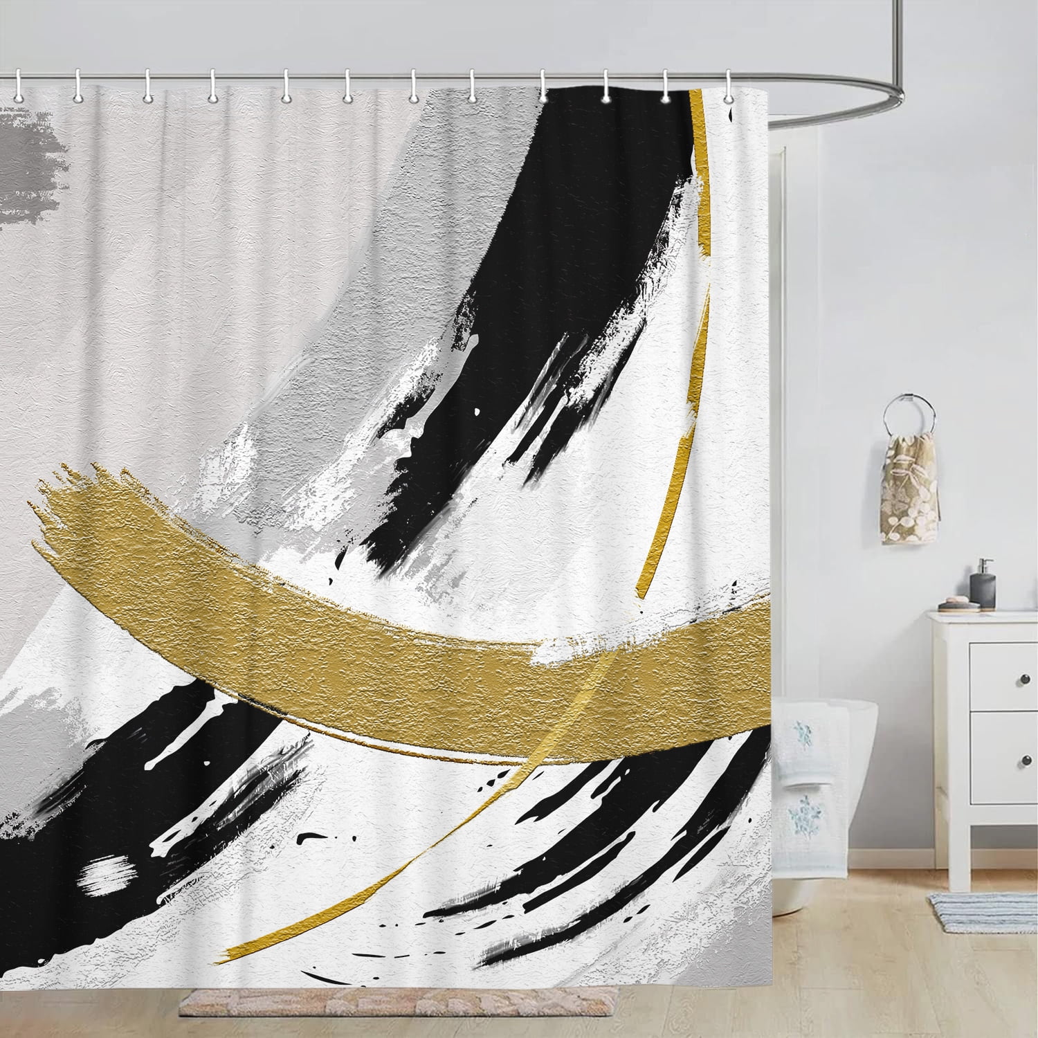 Black and Gold Abstract Shower Curtain, Chic Design White Grey Art Designer Fabric Shower Curtains Set for Bathroom Decorative, Modern Restroom Decor Accessories with Hooks 72X 72 Inch