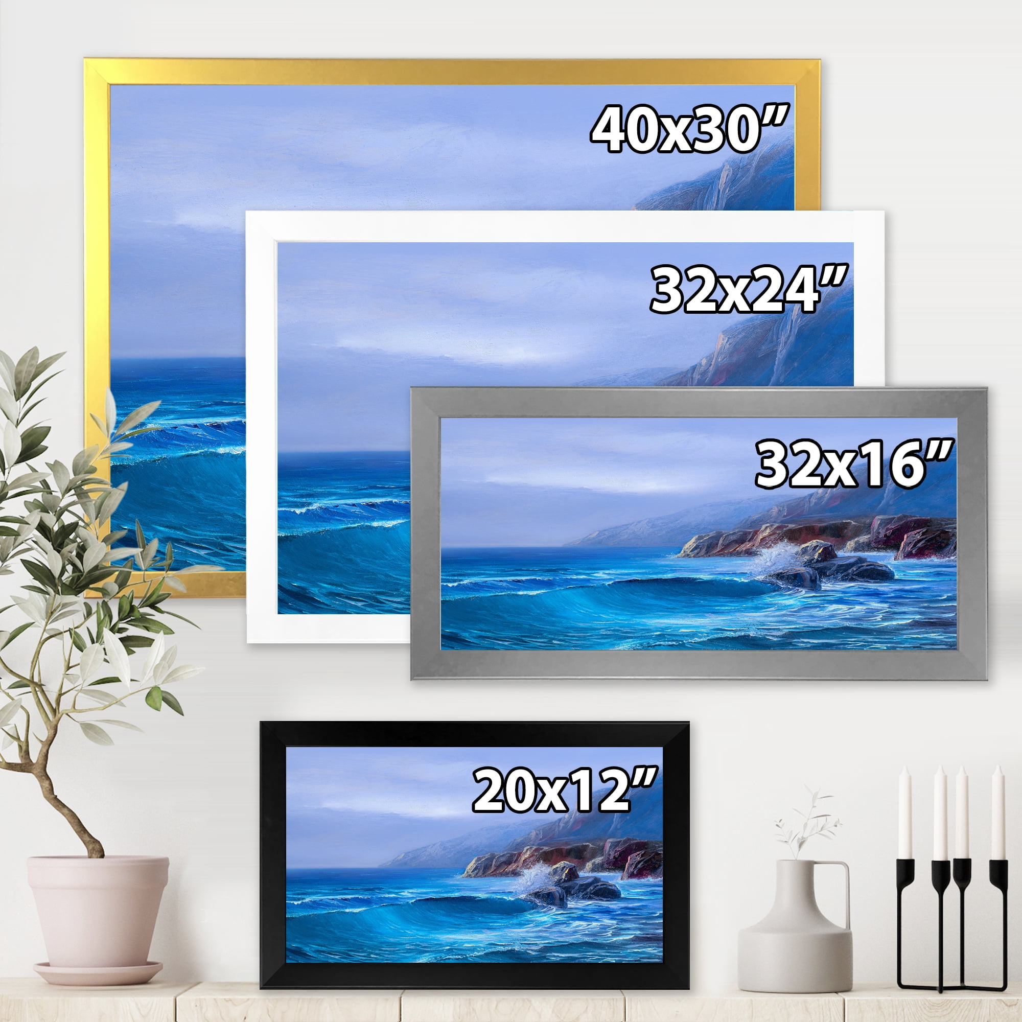 Sunrise Glow On Sea Wave Paints On A Canvas 32 in x 24 in Framed Painting Canvas Art Print, by Designart