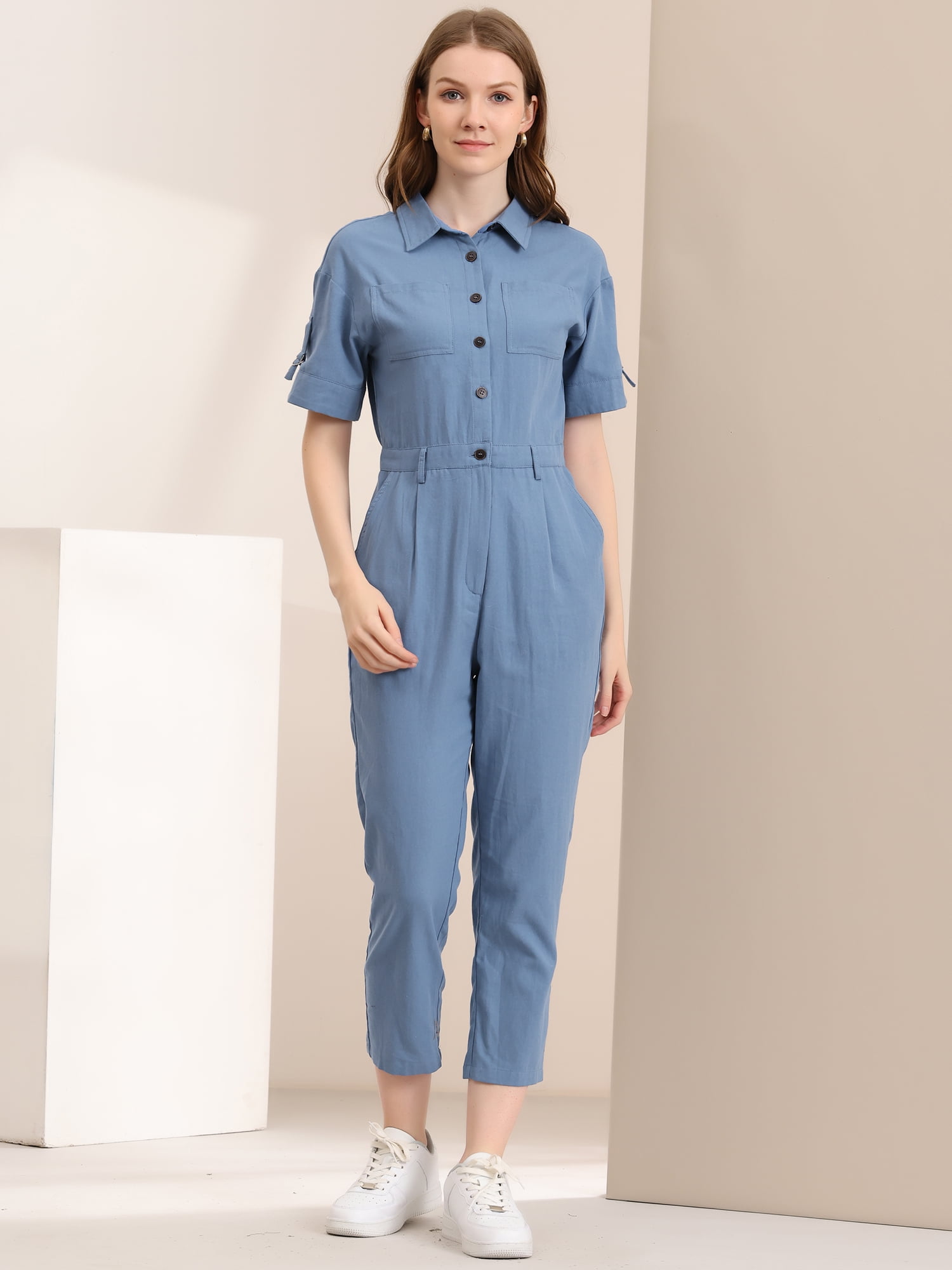 DARING DIVA Women's Button Up Tie Waist Jumpsuit with Pockets XL Blue