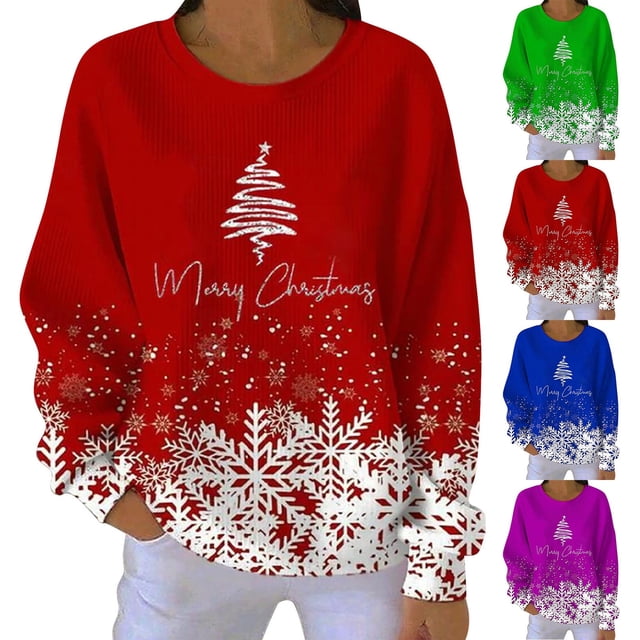 Yteetum Chandail en Molleton Joyeux Noël pour Femmes, Col Rond Surdimensionné, Tricot Côtelé, Chandail Sans Capuche, Haut Décontracté, Imprimé Graphique de Noël, Col Rond, Manches Longues, Ample