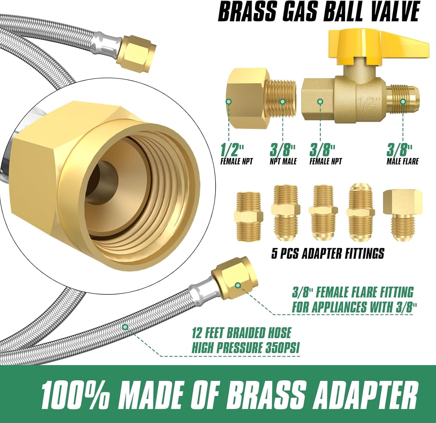 12FT 350PSI High Pressure Braided Propane Hose Extensions with Brass Gas Ball Valve, with Conversion Coupling 3/8" Flare to 1/2" Female NPT, 1/4" Male NPT, 3/8" Male for BBQ Grill, Fire Pit, Heater