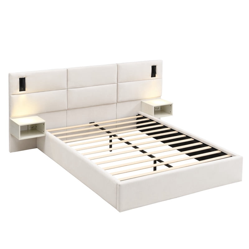 Queen Size Upholstered Bed Frame with 2 Reading Lights on Large Headboard, Storage Platform Bed Frame with 2 Open Shelves