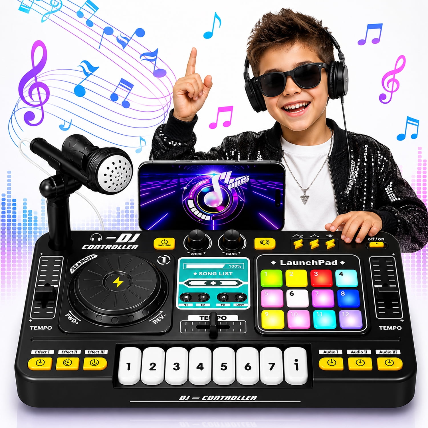 OZMI DJ Turntable Set - Portable Mixer with 7 Piano Keys