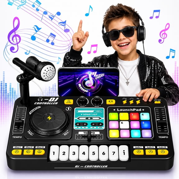 JoyStone Kids DJ Mixer Toy with Bluetooth, Turntable, Piano Keys & Microphone, Light-Up DJ Controller Board for Toddlers & Beginners, Musical Instrument Toy Gift for Ages 3-8, Black