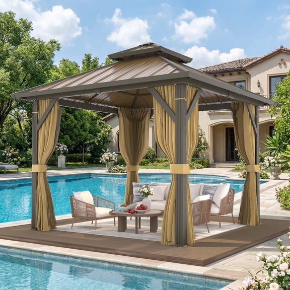 U-homy 10'x10' Hardtop Gazebo, Double Galvanized Steel Roof & Sturdy Aluminum Frame, All-Weather Permanent Pavilion for Patio Backyard