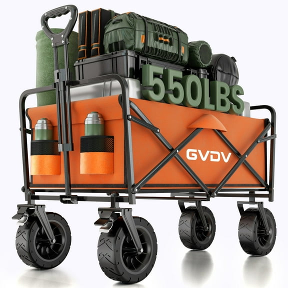 GVDV Collapsible Folding Wagon, 550LBS Large Heavy Duty Utility Cart with All-Terrain Wheels and Adjustable Handles for Shopping, Camping, Sports, Outdoor, Beach, Orange