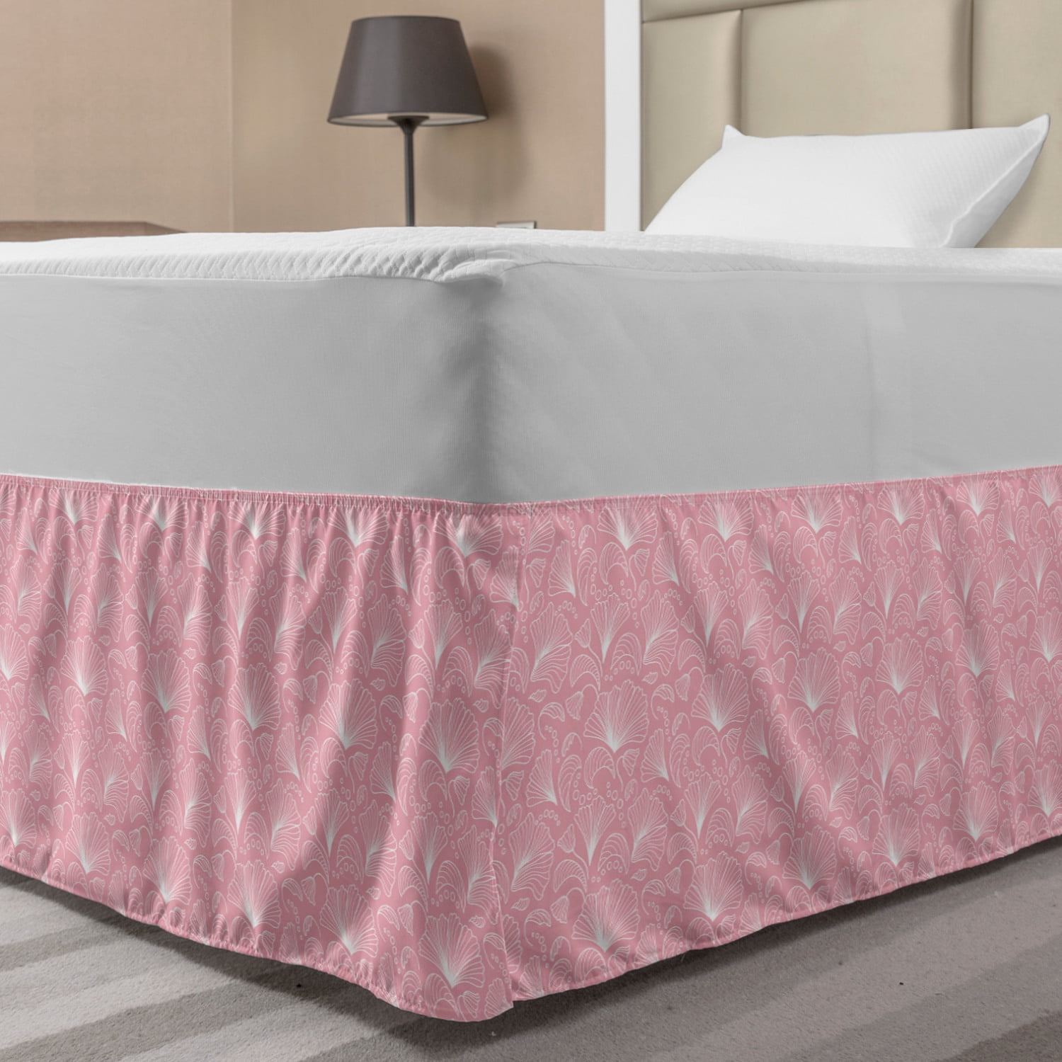 Pale Pink Bed Skirt, Ornamental Floral Pattern with Swirled Lines