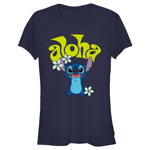 Junior's Lilo & Stitch Aloha Wavy Text Graphic Tee Navy Blue 2X Large