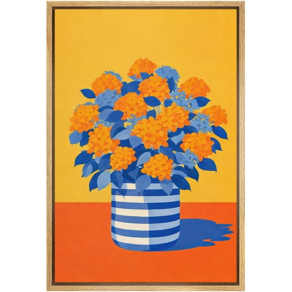 Framed Canvas Print Wall Art Bright and Bold Lantana in Striped Vase Modern Retro Art for Living Room, Bedroom, Office - 16"x24" NATURAL