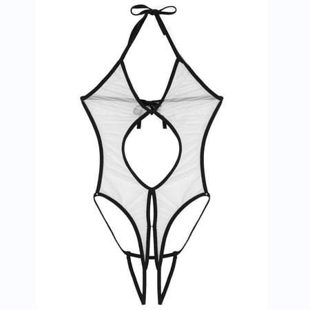 Women s 1 Piece Backless 4 Piece Set for Women Mesh Bodysuit Neck Lace Up Sheer Teddy Nightie Lace Up Fishing Net Underwear Sleepwear Steel Ring Pajamas Gart