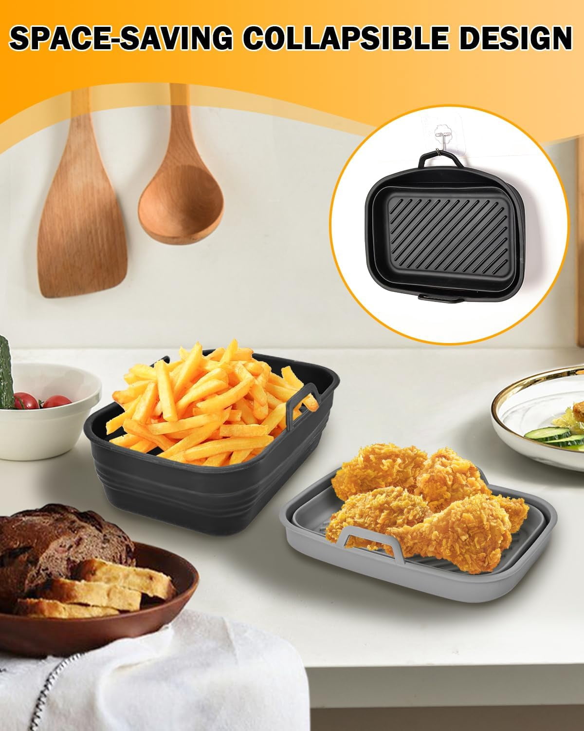 Neighborly Nook Air Fryer Silicone Liners Collapsible 2-Pack for bella 4Qt(3.3lb) Slim Air Fryer, Reusable Airfryer Silicone Pot Baking Basket Insert Accessories, Non Stick, Easy Cleaning, Gray+Black