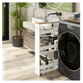 thumbnail image 3 of Slim Storage Cart, 4-Tier Rolling Cart with Handle & Wooden Top for Kitchen Bathroom Laundry Living Room Narrow Small Spaces, 5 Inches Width (White & Natural), 3 of 8