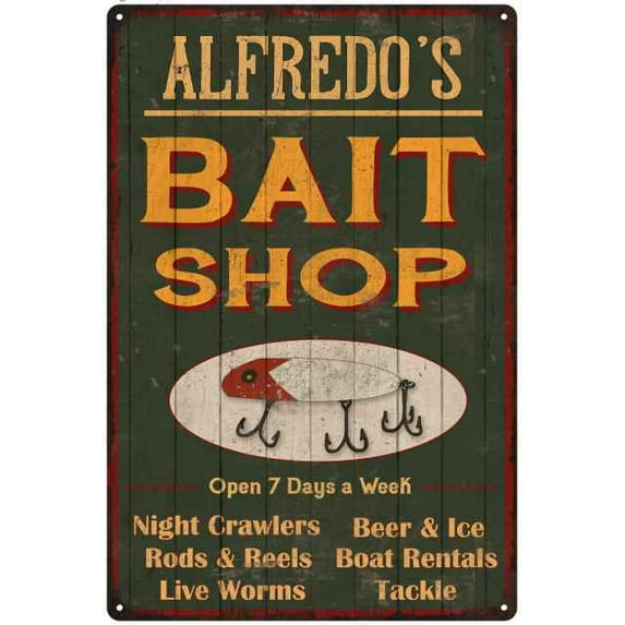 ALFREDO'S Green Bait Shop Man Cave Wall Decor Gift 8x12 Metal 208120027272