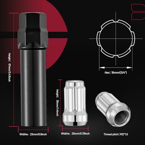 SPBTAR 12mmx1.5 Spline Lug Nuts,20pcs Silver Chrome M12x1.5 Lug Nuts Closed End Cone Seat Bulge Lug Nut for Aftermarket Wheels and One Black Spline Lug Nut Socket, Set of 20+1 Tuner Socket