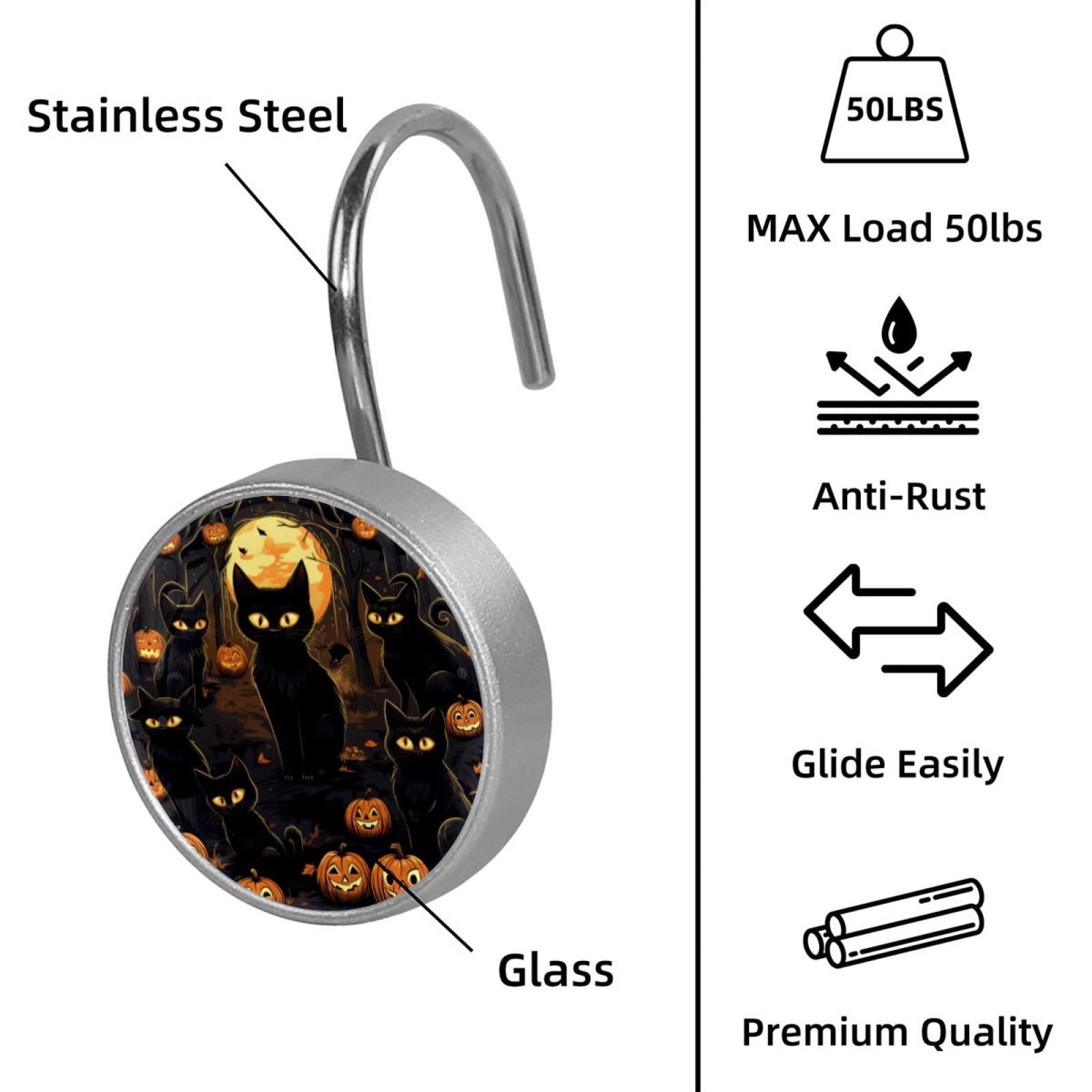 12pcs Decorative Shower Curtain Hooks, Rust Resistant Shower Rings for Bathroom Living Room,Rustproof Stainless Steel Rings for Shower Curtain and Liner Rods,Halloween Cat P