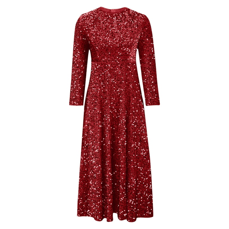 Pitauce Sequin Dresses for Women Solid Color Crew Neck Long Sleeve Midi  Dress Sparkly Glitter Party Swing Prom Dress A-Line Cocktail Dresses -  Walmart.com
