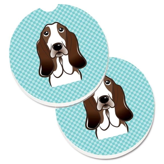 Checkerboard Blue Basset Hound Set of 2 Cup Holder Car Coaster