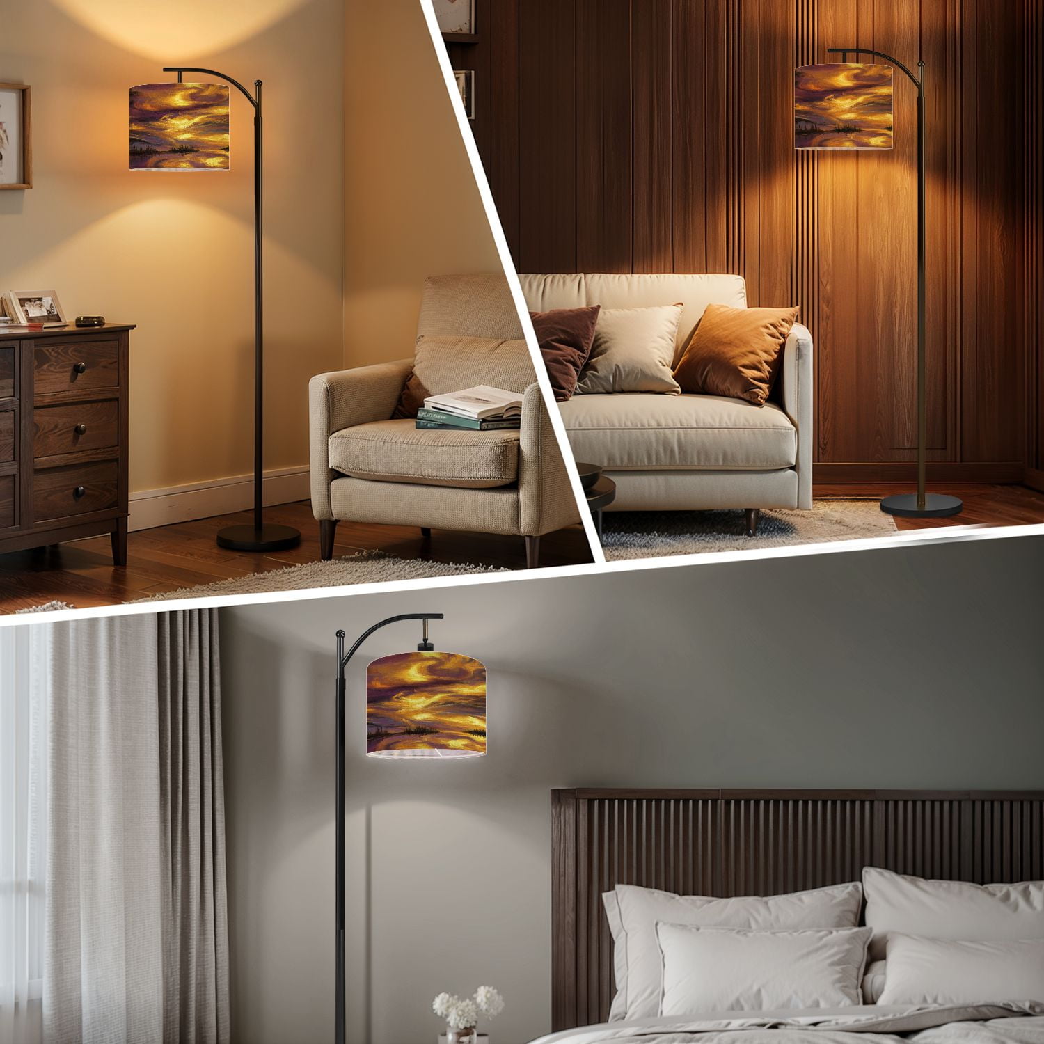 Arc Floor Lamp with Remote, Dimmable Bulb, Art Deco Arched Floor lamp Mystical Sunset Landscape Painting Rippling Lake Modern Standing Lamps with for Living Room, Bedroom, Office