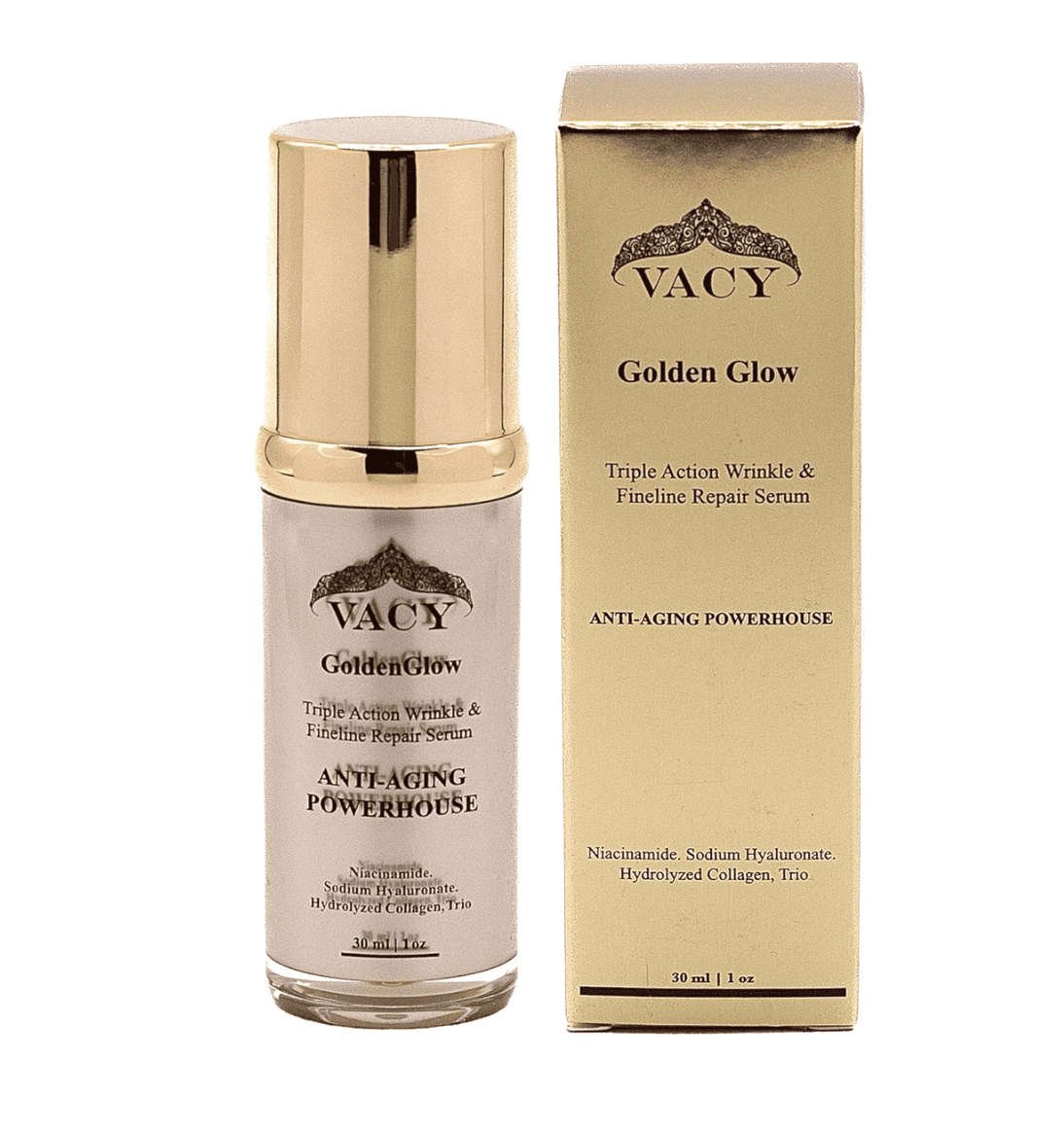 VACY GoldenGlow Triple-Action Facial Serum with Niacinamide, Hyaluronic Acid, and Collagen, Lightweight Hydrating Formula, 1 fl oz