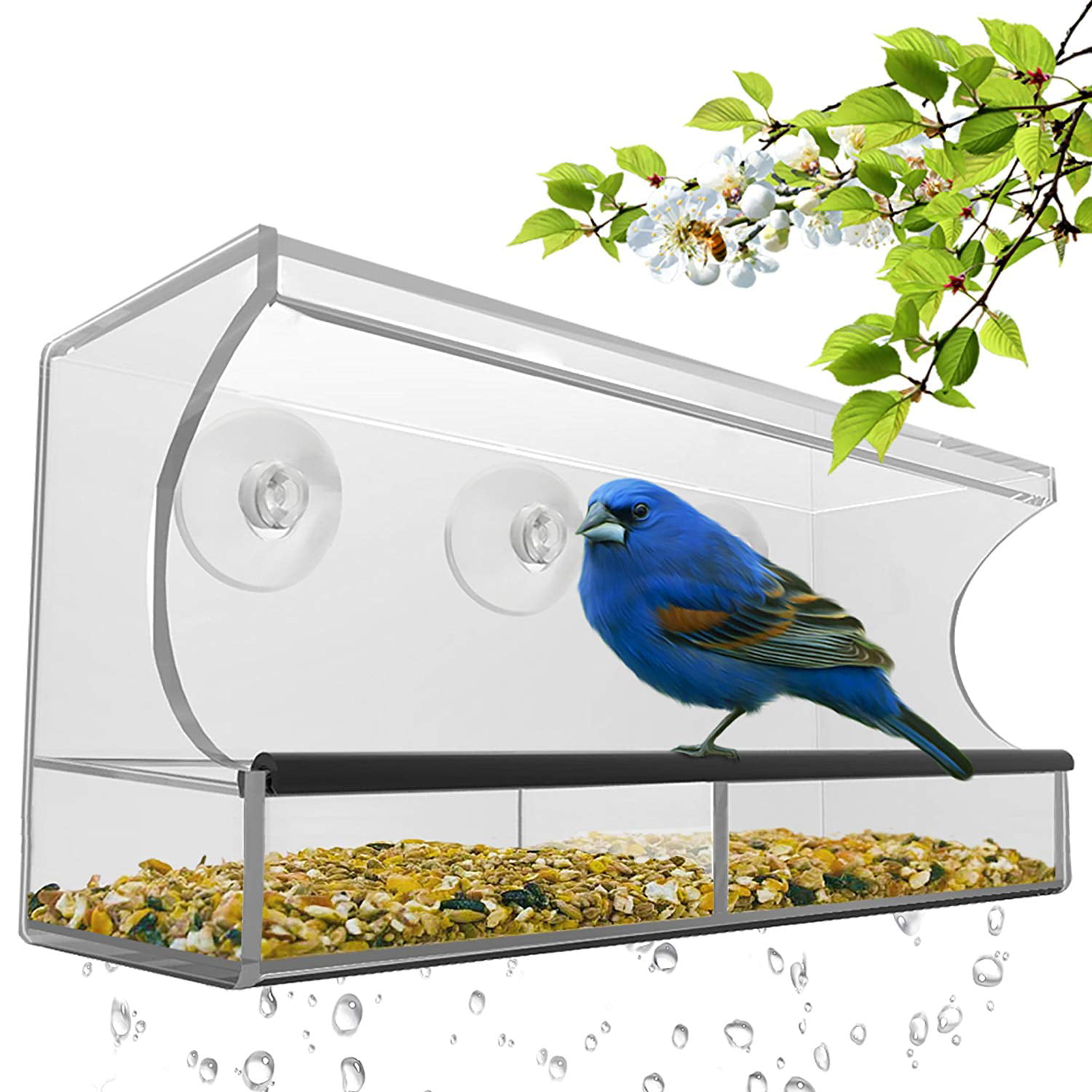 Clear Window Bird Feeder for Outside Acrylic Squirrel Proof Wild Birdfeeder with 3 Strong Extra Suction Cups Drain Holes and Removable Tray for Outside Bird House