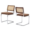 thumbnail image 6 of Hassch Set of 2 Modern Dining Side Chairs in Coffee Color, Hand-Woven Natural Cane Back, Linen Upholstered Cushion, Flexible Cantilever Stainless Chrome Base, 360LBS Max Weight Capacity, 6 of 9