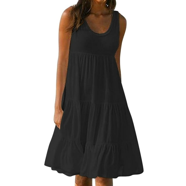 Robe à Étages Grande Taille pour Femmes Pulpeuses Sans Manches Décontractée de Plage, Robes d'Été Évasées Fluides Amples pour Femmes, Noir, P
