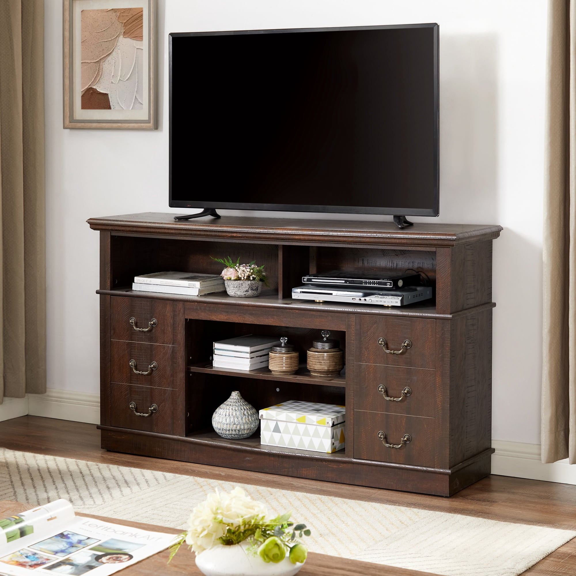 Retro TV Stand with Storage for TVs up to 65", Mid Century Modern TV Stand & Entertainment Center with Shelf, TV Stand for Media, TV Console Table for Living Room Espresso 60"W*15.75"D*34.25"H