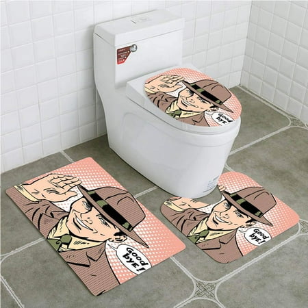 Party Etiquette CHAPLLE Going Away Party Pop Art Man Says Goodbye Etiquette Parting Gentleman 3 Piece Bathroom Rugs Set Bath Rug Contour Mat and Toilet Lid Cover ()