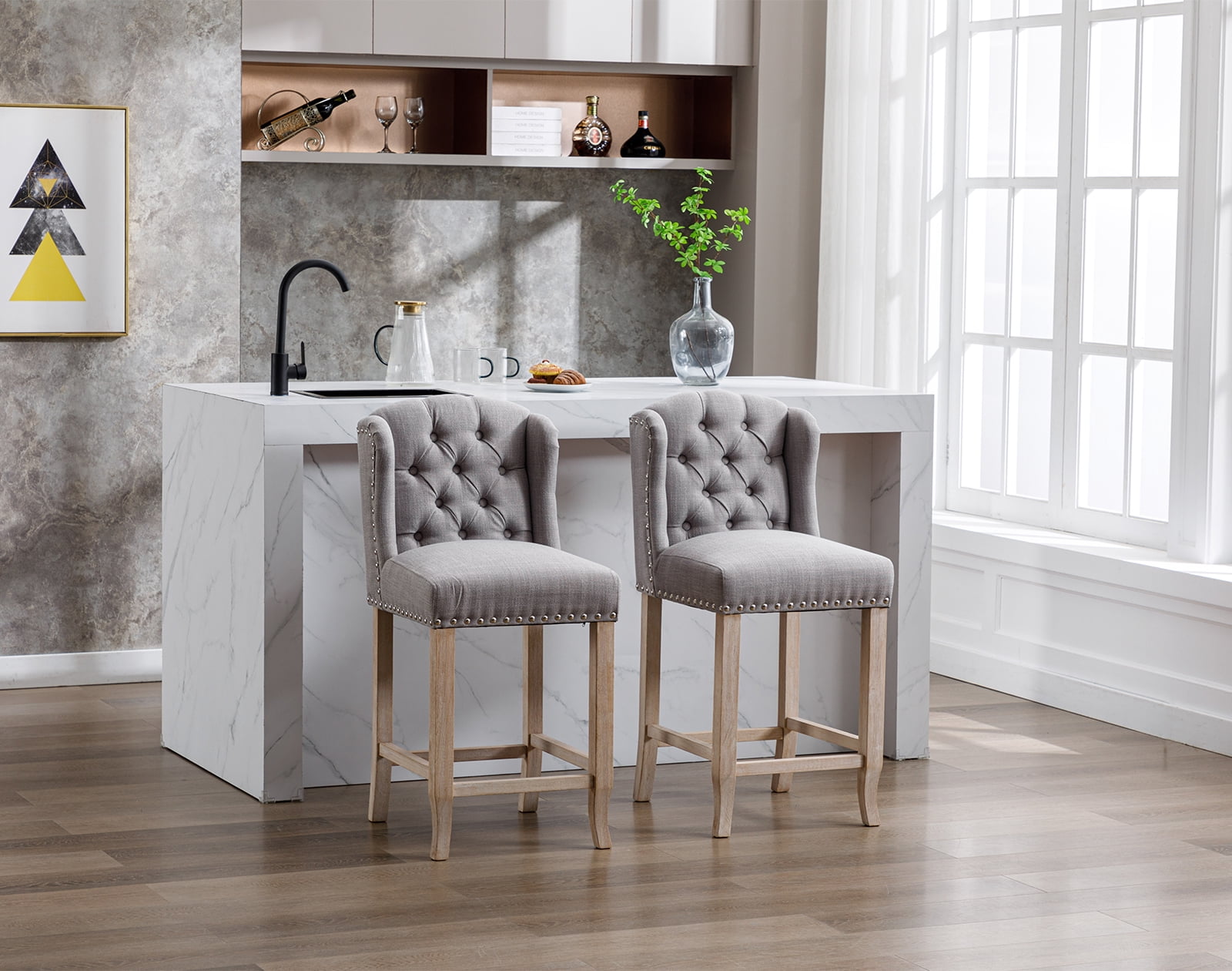 Guyou Modern Tufted Bar Stool Set of 2, 26" Counter Height Bar Stool with Back and Nailhead Trim, Linen Upholstered Solid Wood Kitchen Island Chair Barstools for Bar Restaurant Cafe Dining Room, Grey