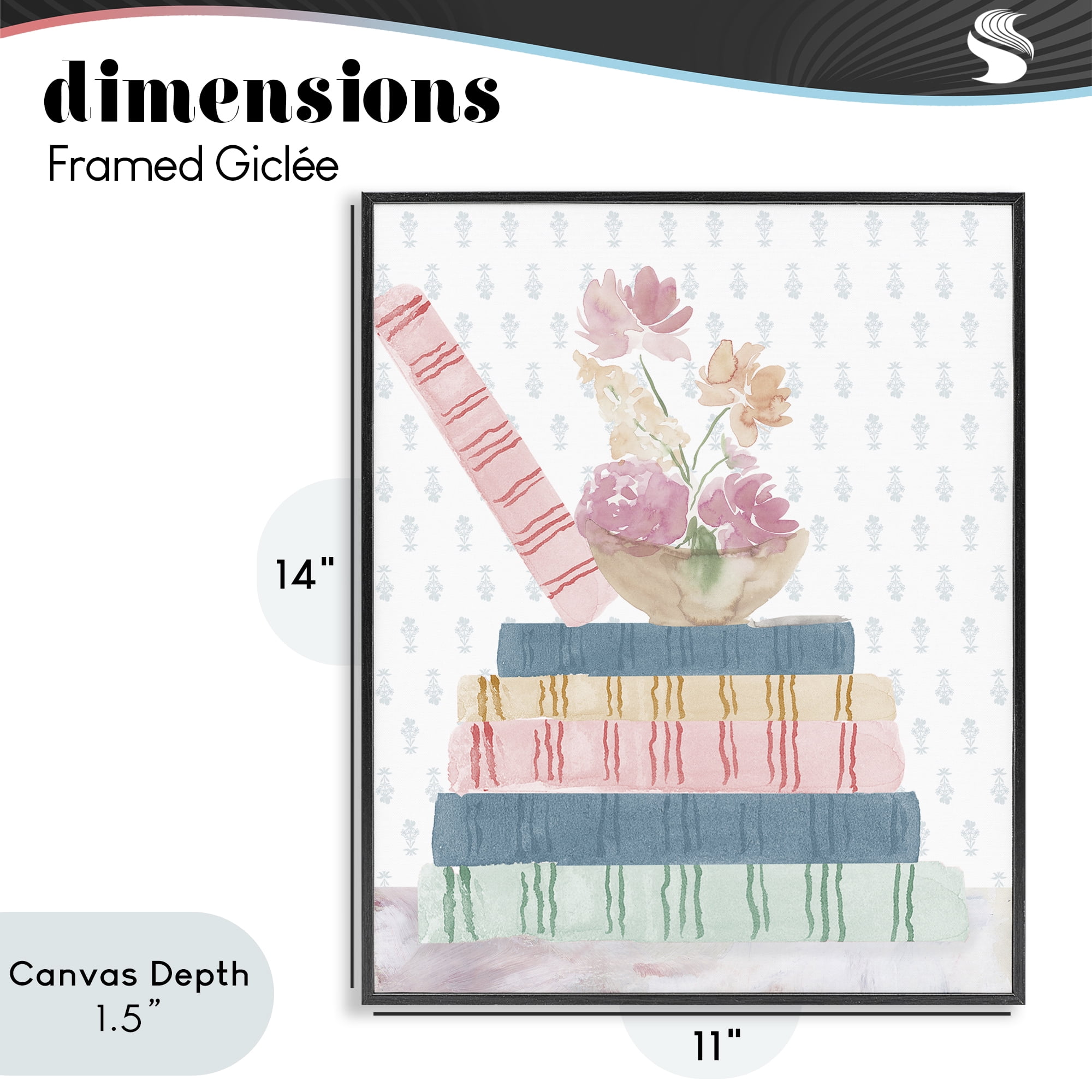 Stupell Industries Pastel Flowers And Books Black Framed Giclee Art, design by Lucille Price