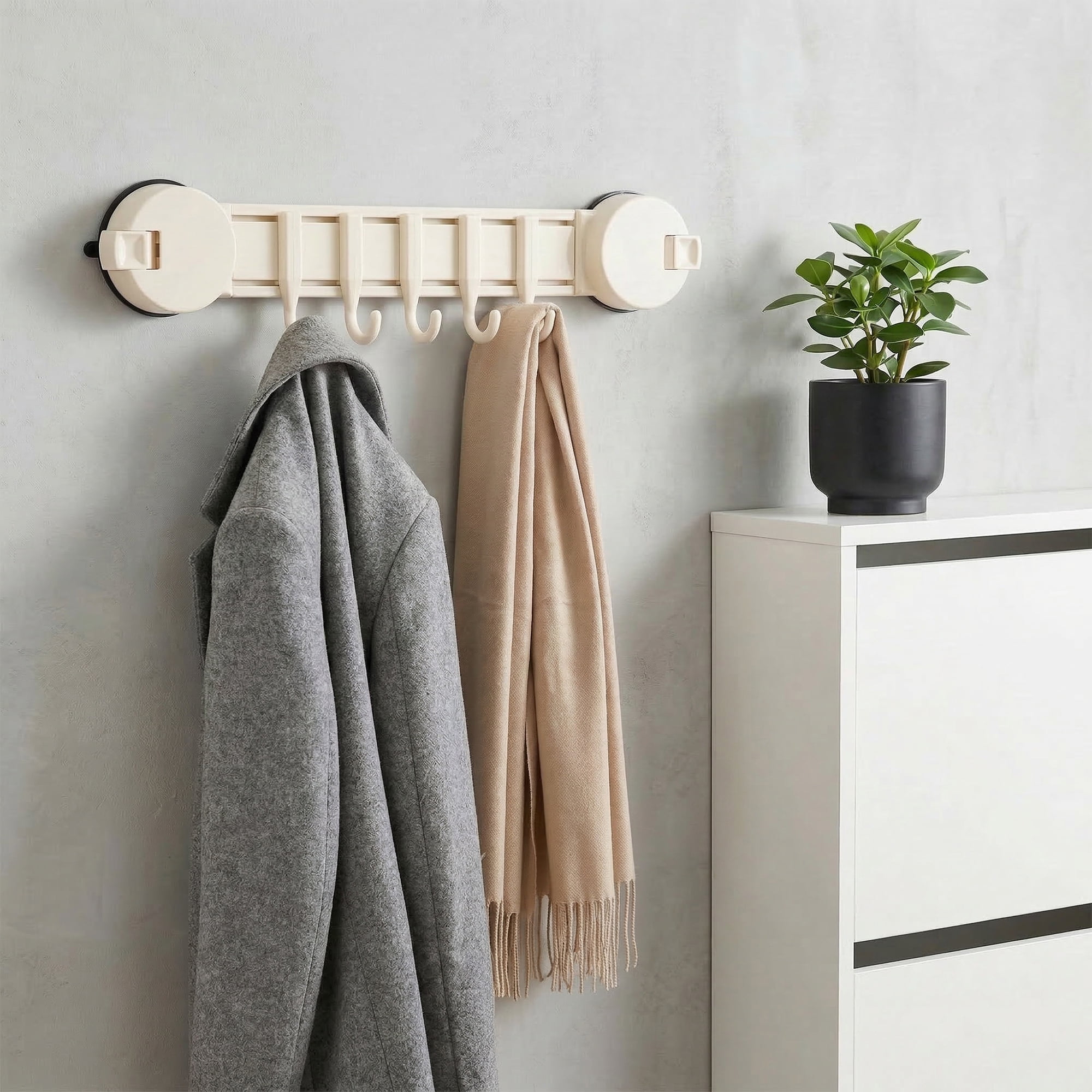 Unique Bargains Coat Rack Wall Mount Suction Cup 5 Hooks for Entryway Bathroom White