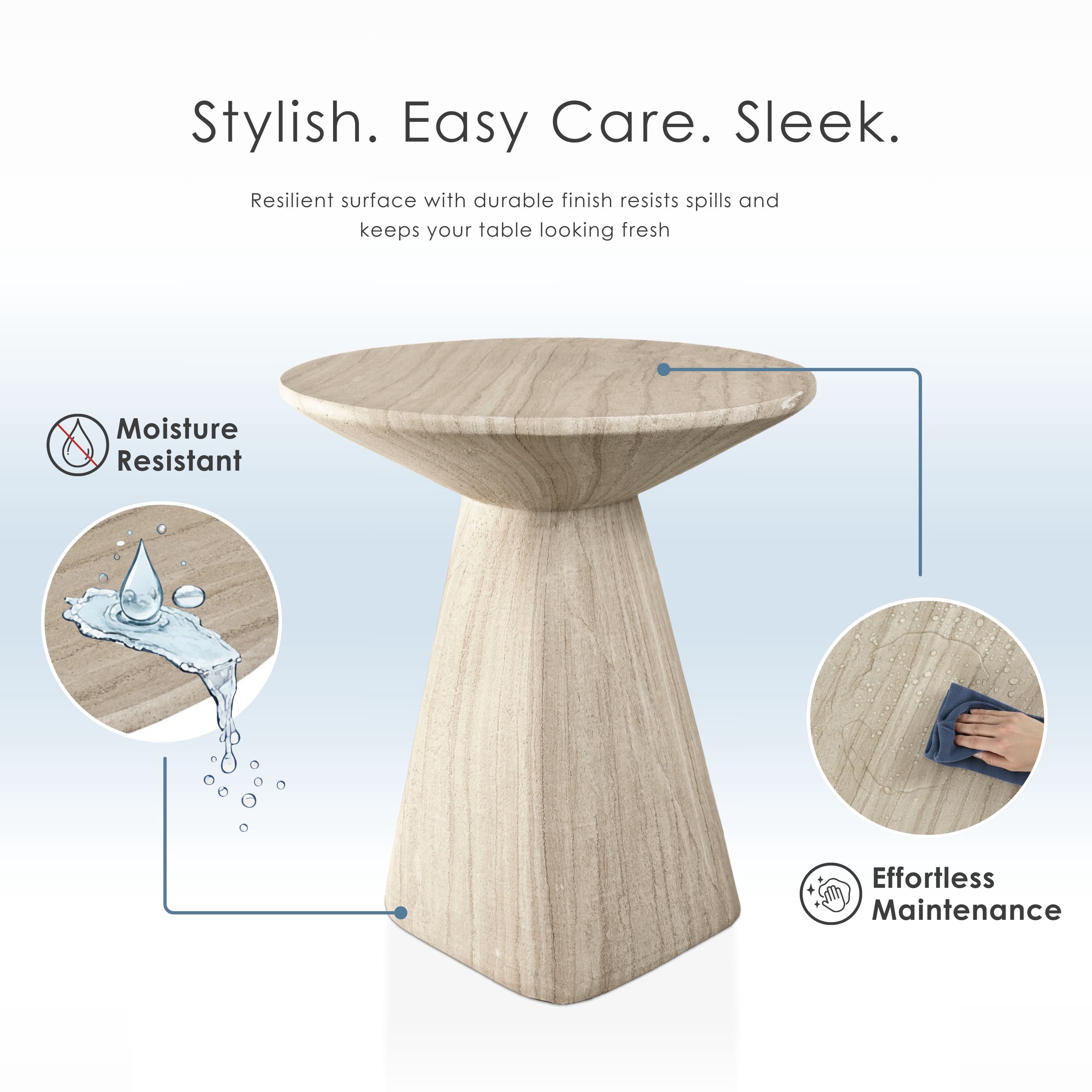 Furniture of America Isla Modern Stone Indoor & Covered Patio Round Sculptural Pedestal End Table, Beige Travertine
