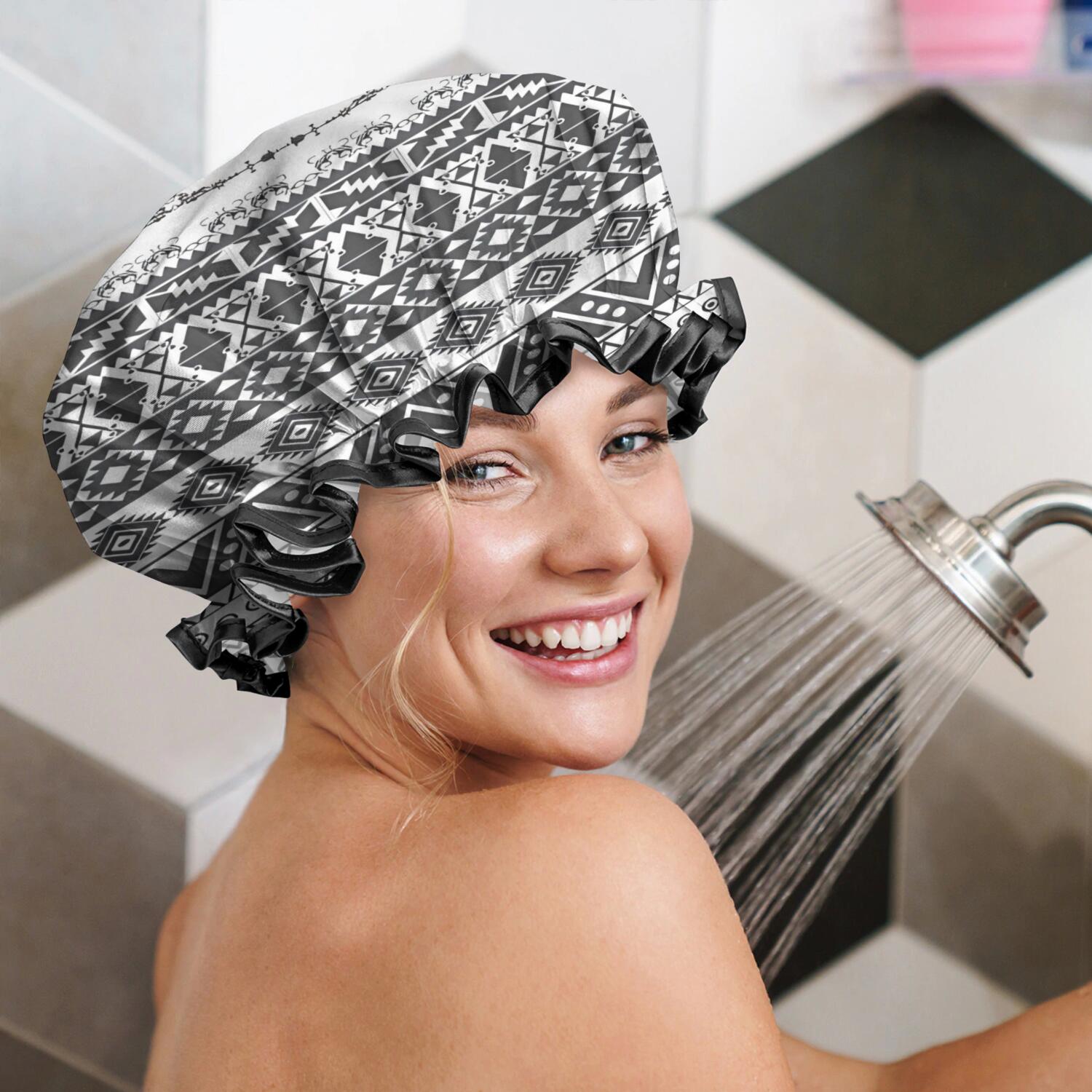 Shower Caps,Black Geometric Diamond Striped Pattern Waterproof Shower Cap for Women 4 Pieces,Double Reusable Hair Cover for Shower PEVA Elastic Stretch Hem