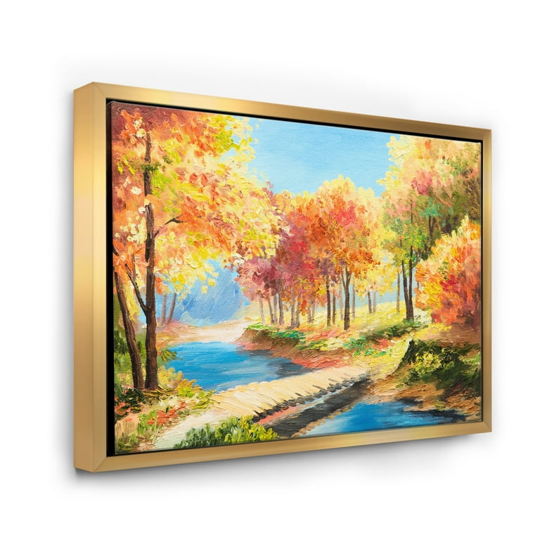 Designart Yellow and Orange Trees by The Riverside Lake House Framed Canvas Wall Art Print - 40 in. Wide x 30 in. High - Gold