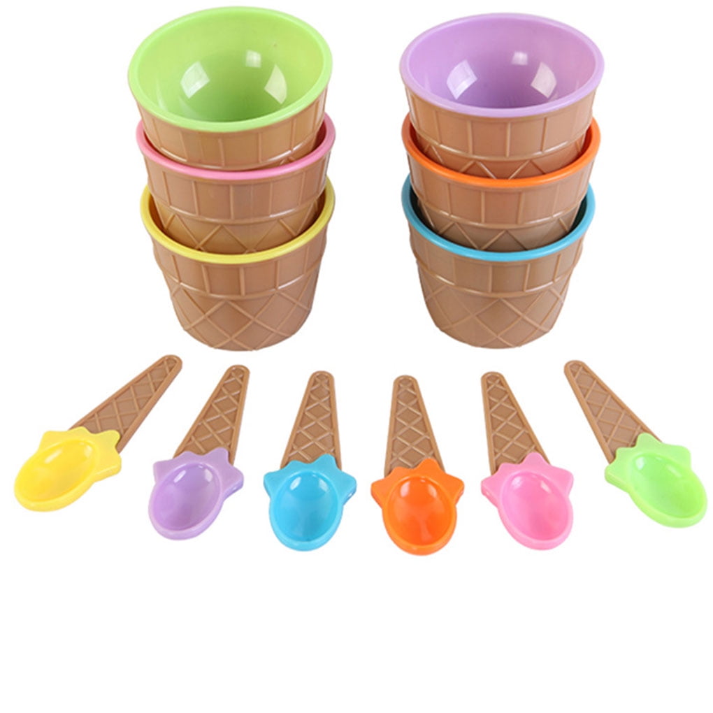 6 Ice Cream Dishes & Spoon Set Color Plastic Bowls Kids Party Magic Color Change 