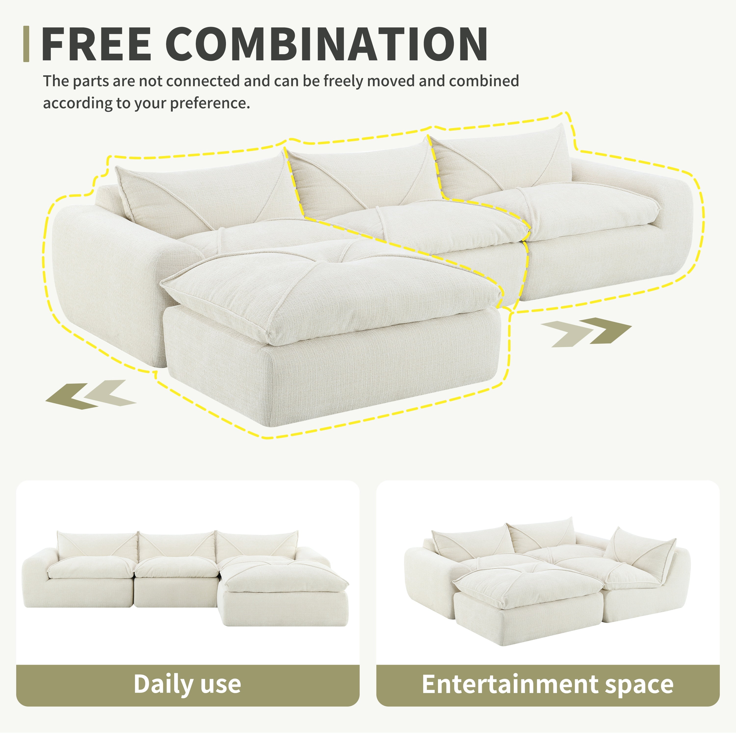 EPOWP 116'' Modular Sectional Sofa, L Shaped Boneless Cloud Couch, Convertible Chenille Couches Set with Ottoman, Memory Foam Sectional Couches for Living Room, Comfy Floor Sofa, No Assembly(White)