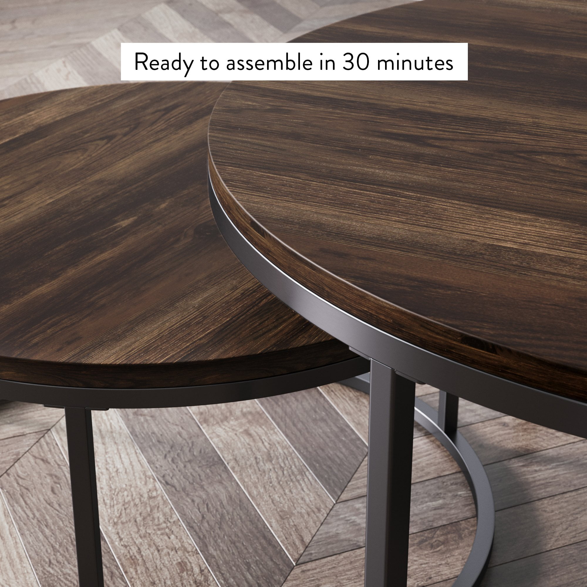 Nathan James Stella Round Nesting or Stacking Coffee Table Set of 2 Wood Finish Metal Frame, Warm Nutmeg/Black