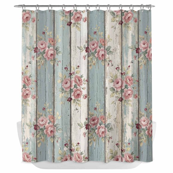 Teal Green Wooden Shower Curtain - Water Repellent Fabric Shower Curtains Washable, Farmhouse Pink Florals Distressed Decorative Polyester Cloth Bathroom Curtains Modern Bath Decor 72"x84"