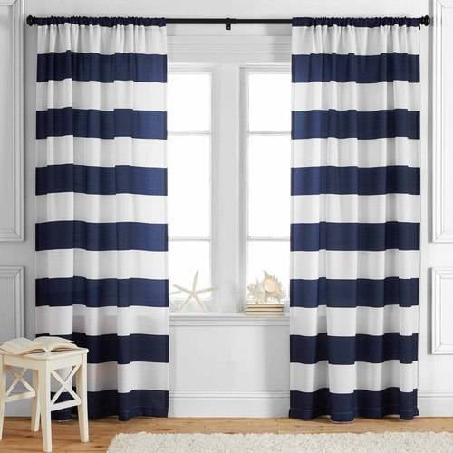 navy blue and white striped curtains